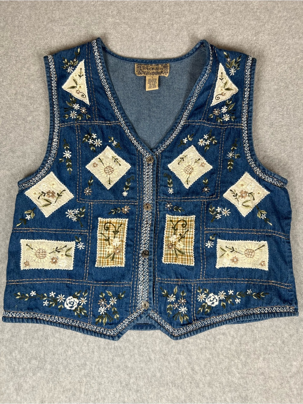 Vintage Patchwork Embroidered Denim Vest with Floral Size Large Country Boho